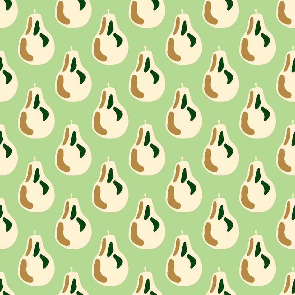 Abstract creative food seamless pattern with pear elements. Doodle fruits on green background. vector