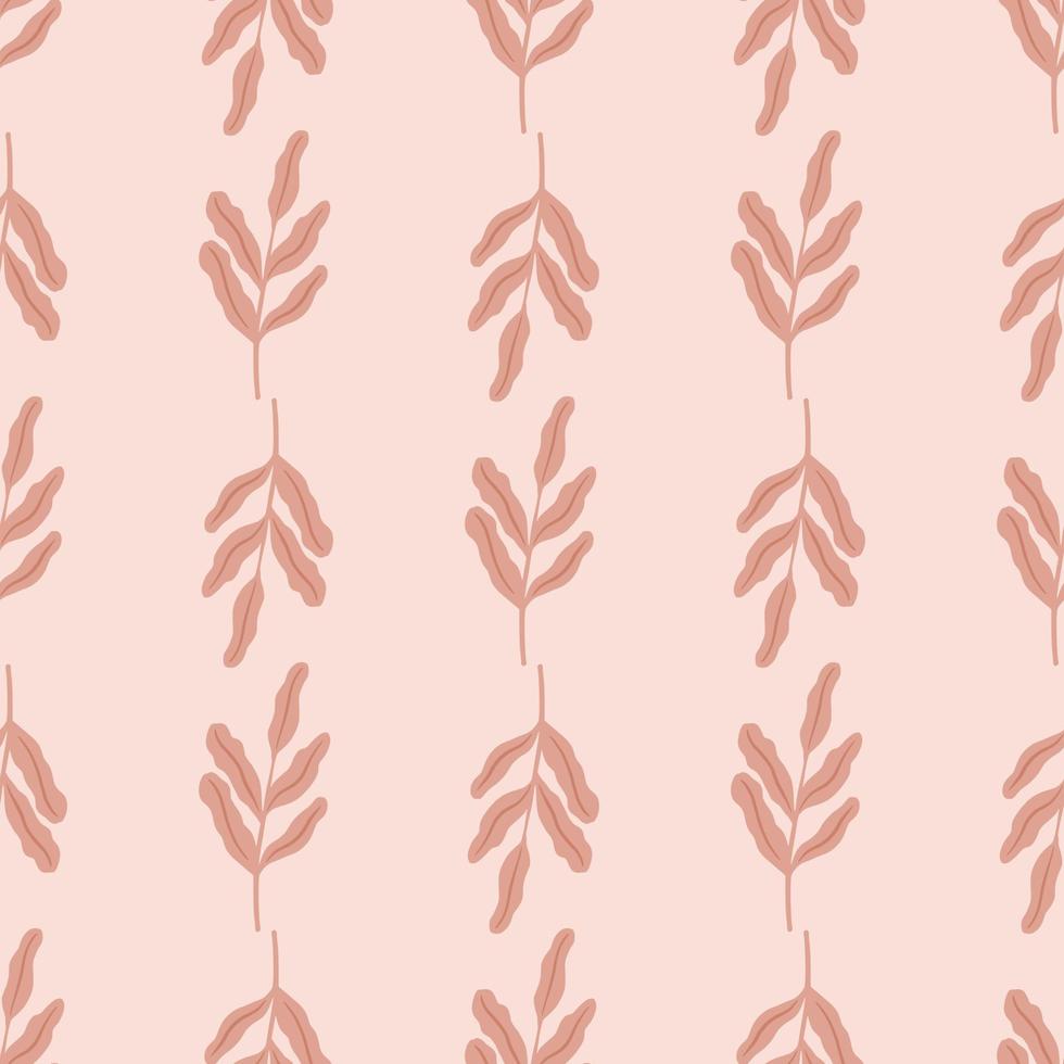 Seamless flora pattern with leaf branches silhouettes in simple style. Light pink background. vector