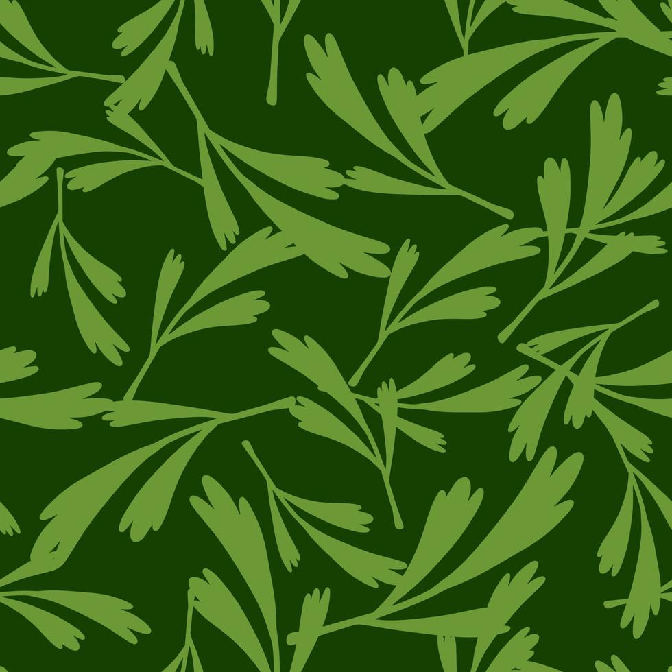 Random herbal seamless pattern with doodle leaves ornament. Green and olive colored floral artwork. vector