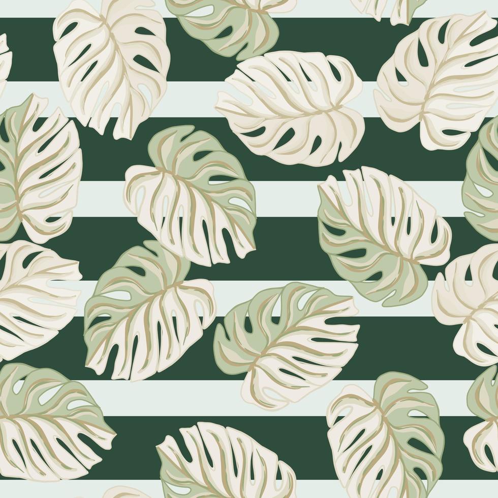 Foliage tropical seamless pattern with random monstera leaf shapes. Blue and green striped background. vector