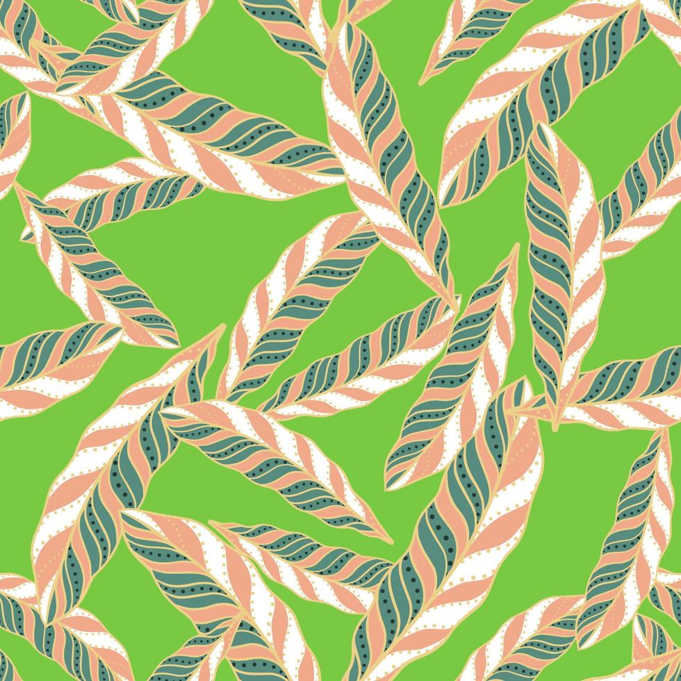 Ethnic seamless pattern with random doodle pink feather elements print. Bright green background. vector
