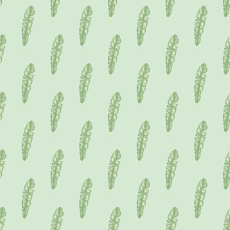 Botanical seamless pattern with light green tropical leaves ornament. Pastel blue background. Simple style. vector