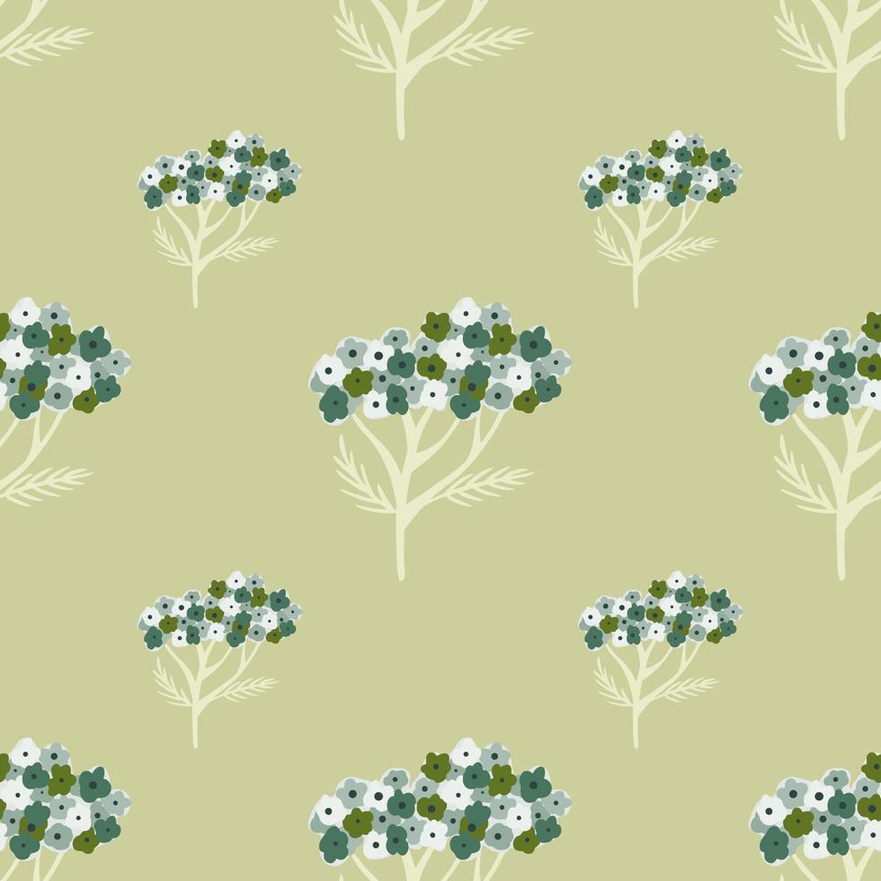 Pastel tones seamless pattern with blue colored yarrow elements. Green light background. vector