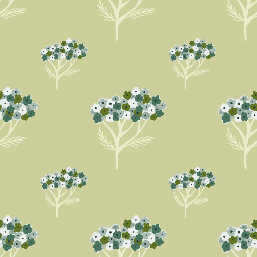 Pastel tones seamless pattern with blue colored yarrow elements. Green light background. vector