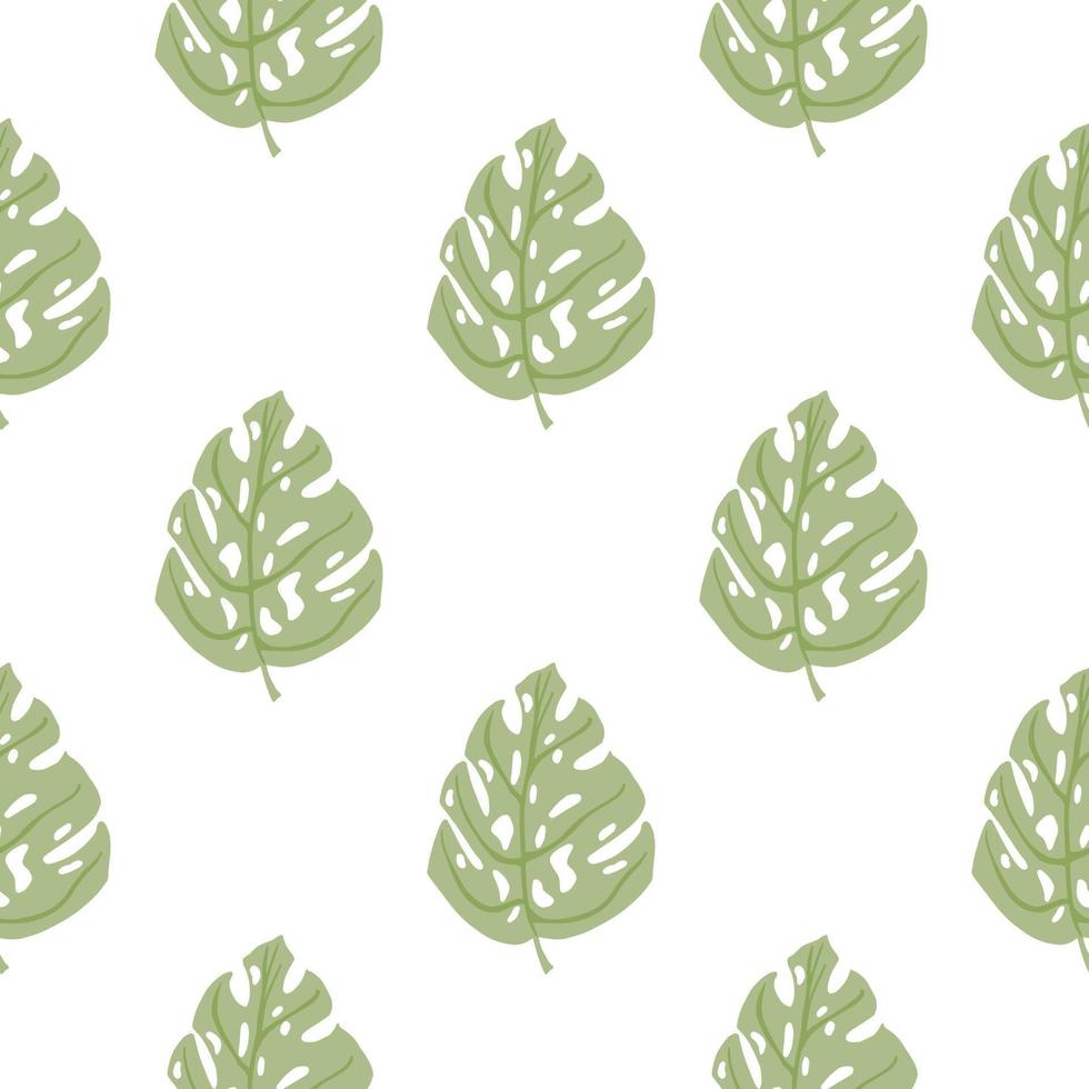 Isolated seamless pattern with simple monstera green silhouettes ornament. White background. vector