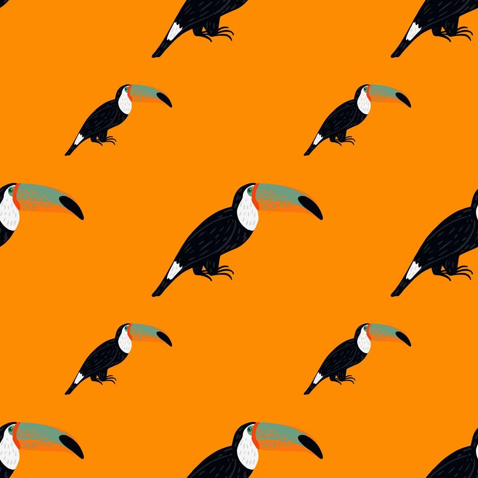Black toucan bird exotic seamless animal pattern in doodle style. Orange bright background. Animal print. vector