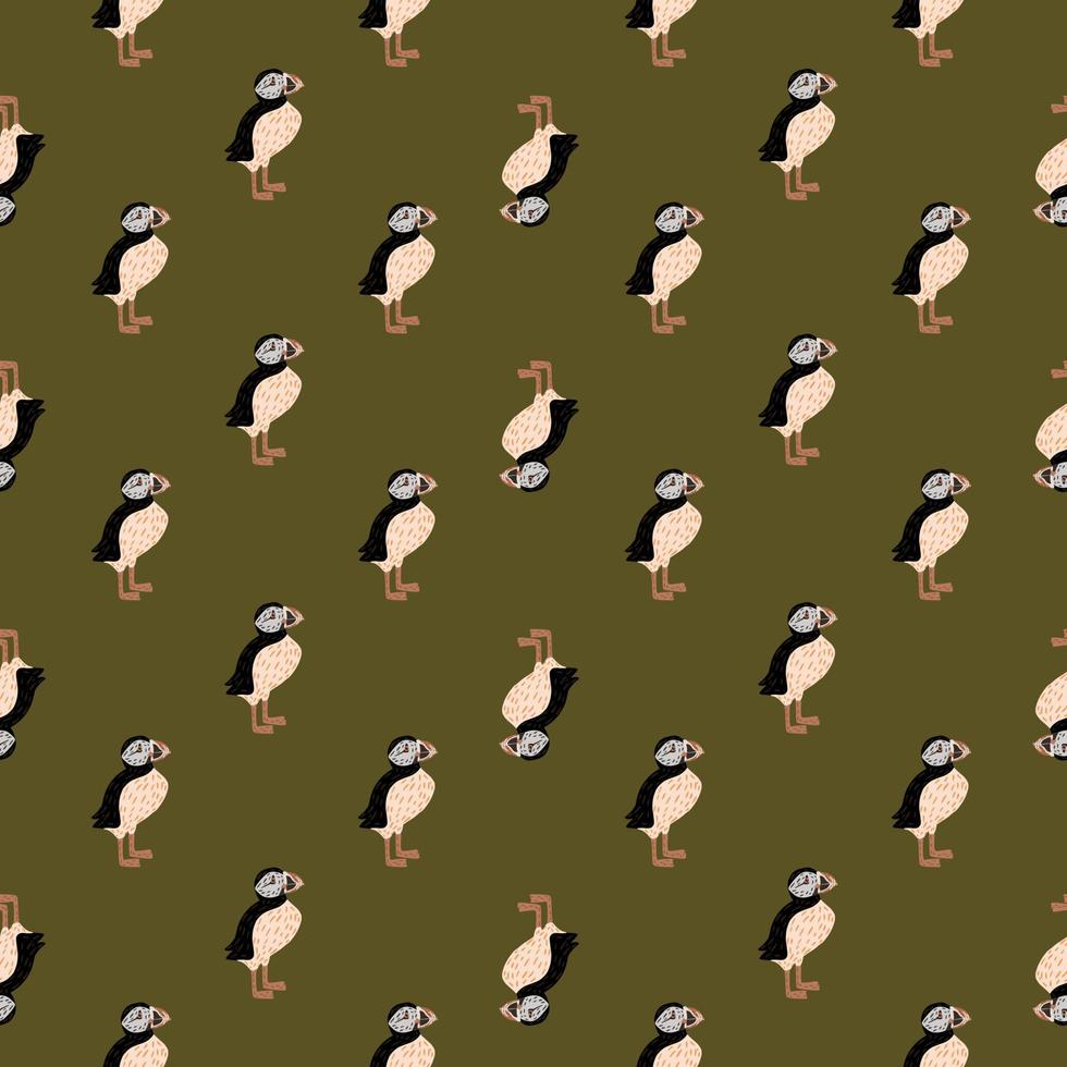 Athlantic seamless zoo pattern with little puffin bird elements print. Green olive background. Creative artwork. vector
