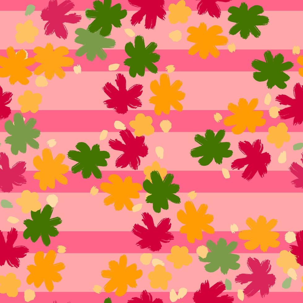 Bright seamless pattern with green, pink and yellow abstract flower buds elements. Pink striped background. vector