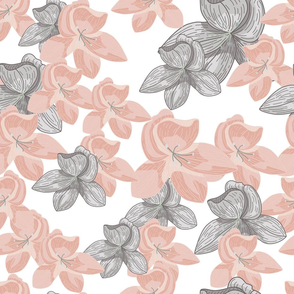 patrón inconsútil aislado con formas de flores de orquídeas aleatorias rosadas y púrpuras. Fondo blanco. vector