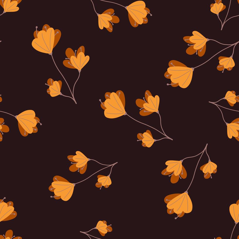 Random orange naive flowers elements seamless pattern. Maroon dark background. Vintage style. vector