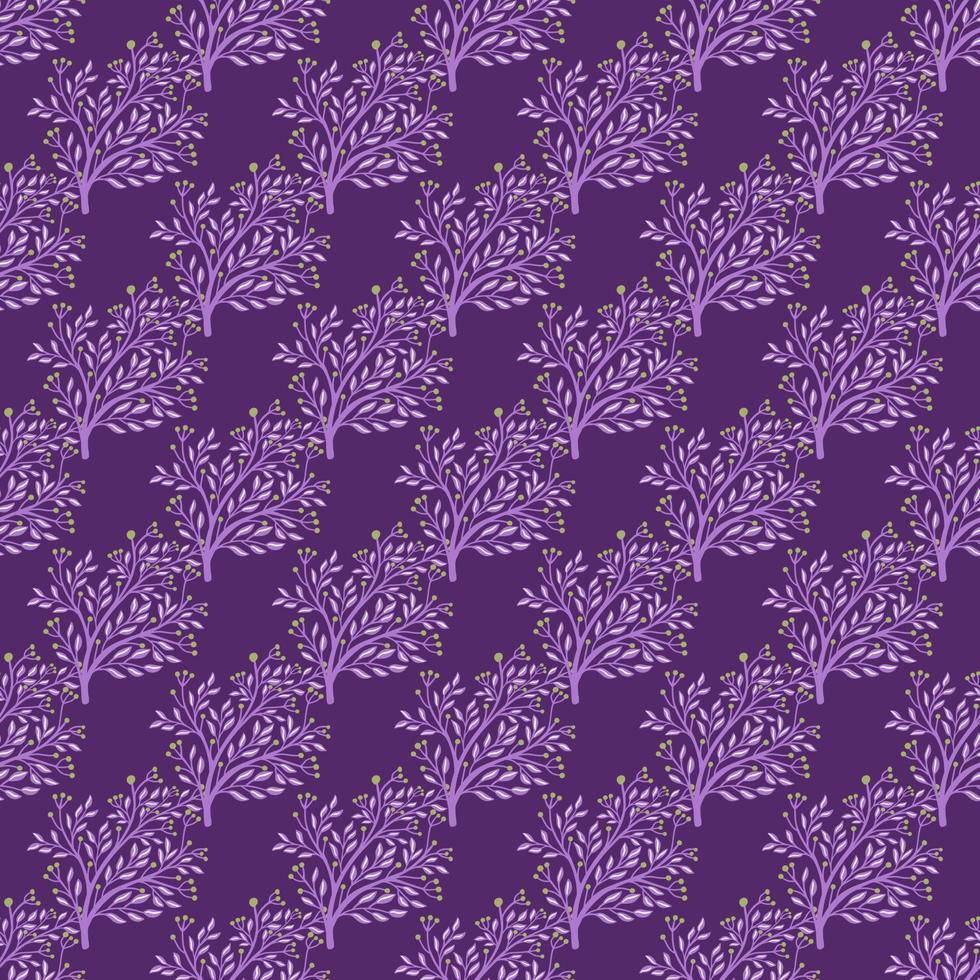 siluetas de arbustos brillantes patrón abstracto de garabatos sin costuras. fondo morado fondo de siluetas florales. vector