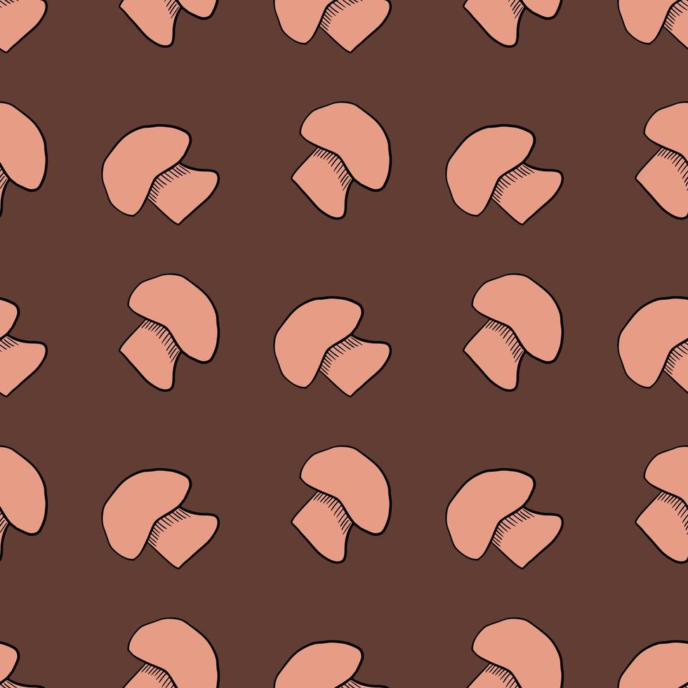 Pink outline champignon mushroom silhouettes seamless pattern. Maroon background. Autumn style. vector