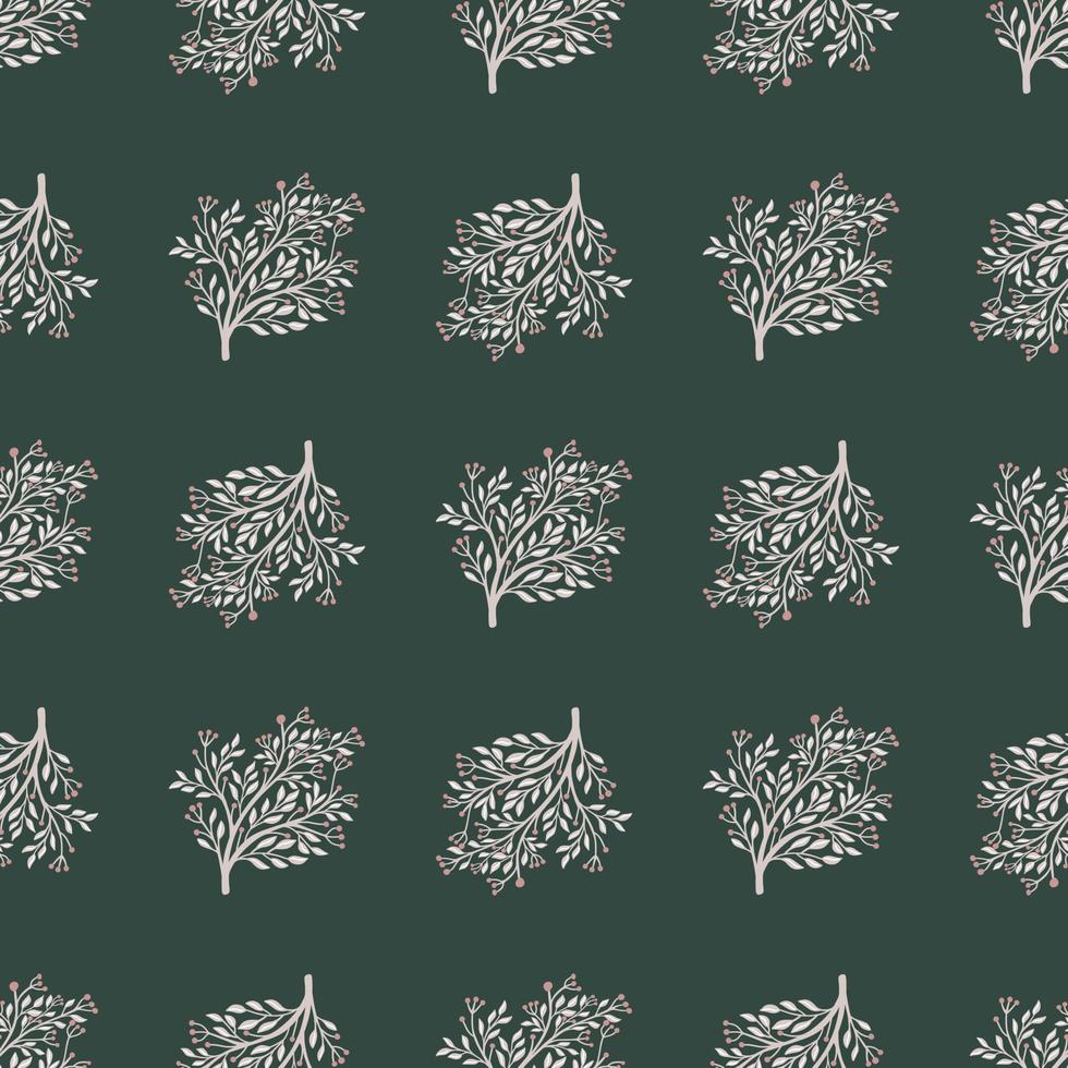 Hand drawn decorative seamless pattern with forest tree silhouettes. Dark green background. Vintage print. vector