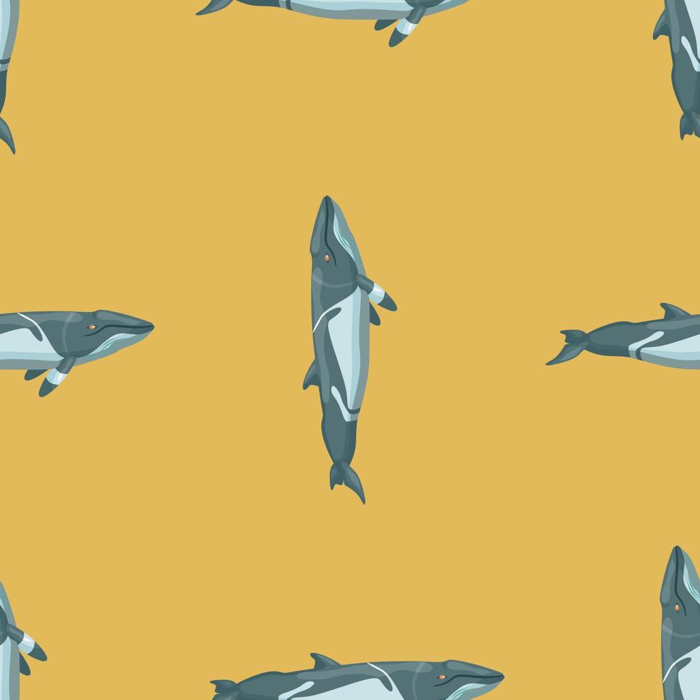 Seamless pattern lesser rorqual on yellow background. Template of cartoon character of ocean for fabric. vector