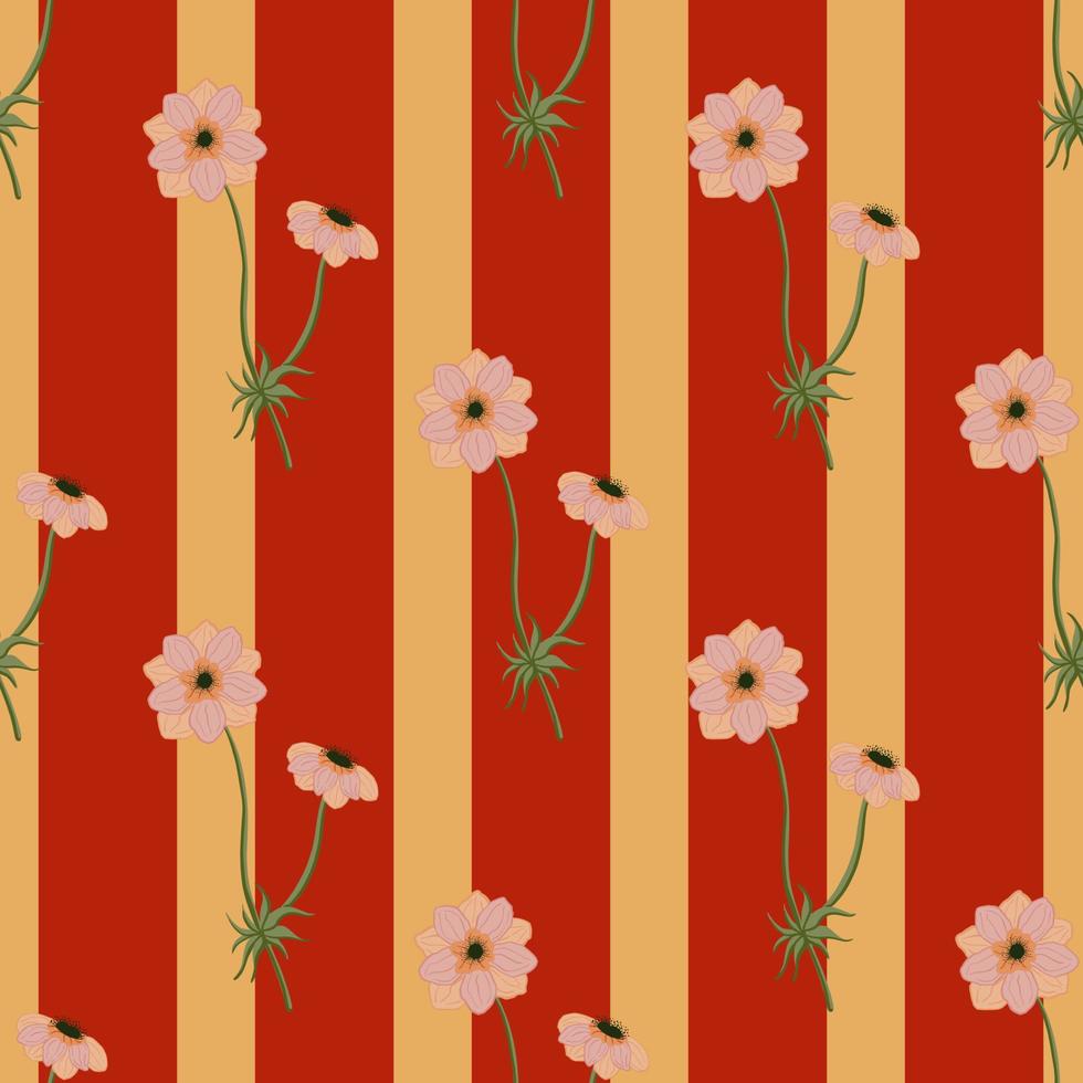 Summer seamless pattern with cute pink anemone flowers shapes. Red and orange striped background. vector