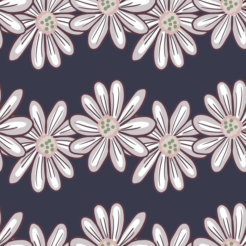 Floral seamless pattern with contoured daisy big flowers ornament. Dark navy blue background. Bloom print. vector