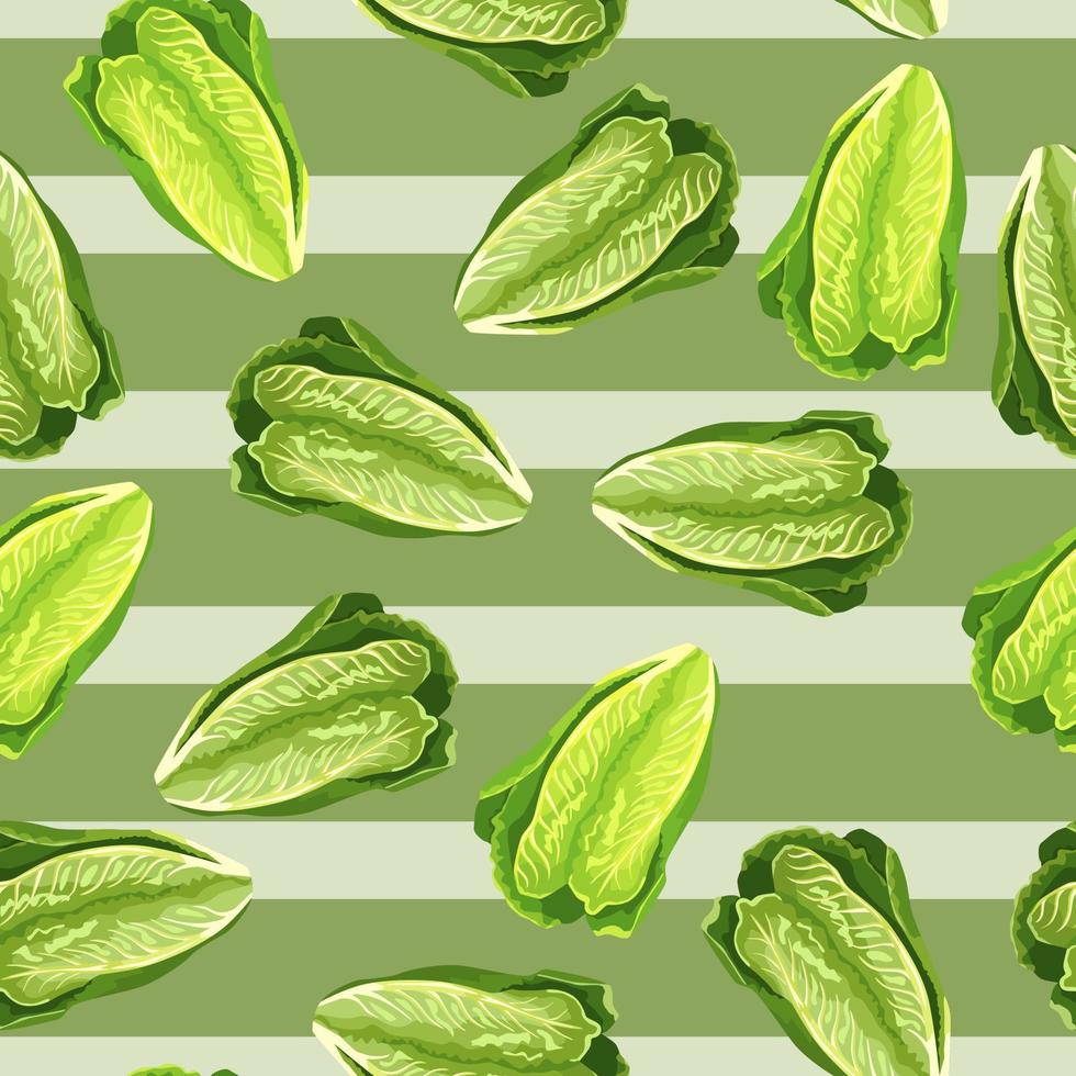 lechuga romana de patrones sin fisuras sobre fondo verde rayado. hermosa textura con ensalada. vector