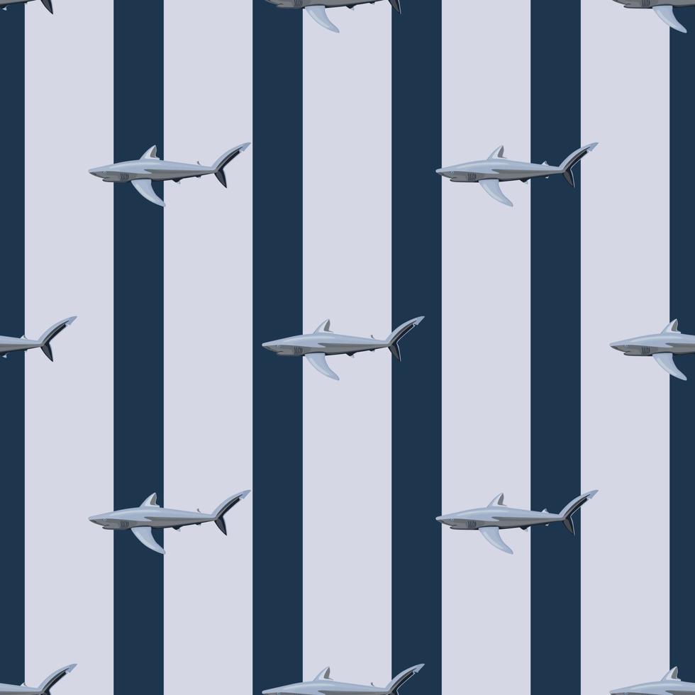Seamless pattern Blue shark on striped gray black background. Texture of marine fish for any purpose. vector