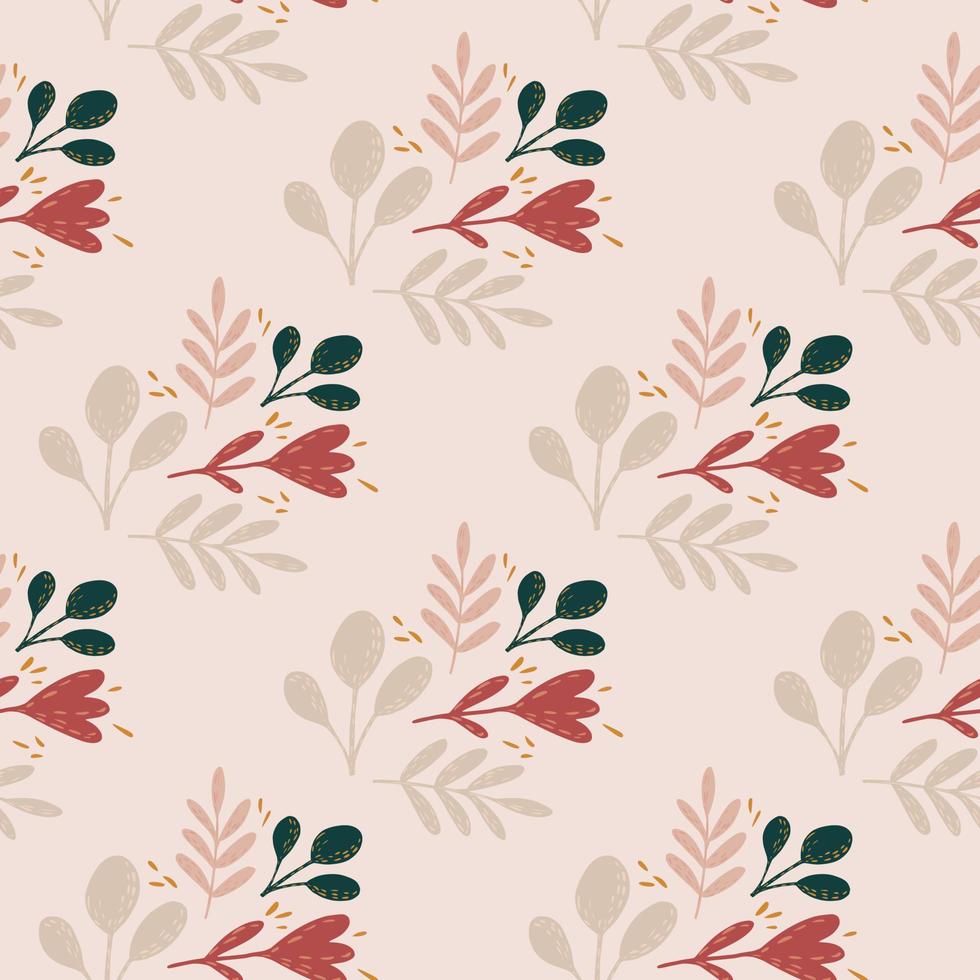Seamless pattern with pastel tones botanical floral ornament. Light grey and red leaves and flowers shapes. vector
