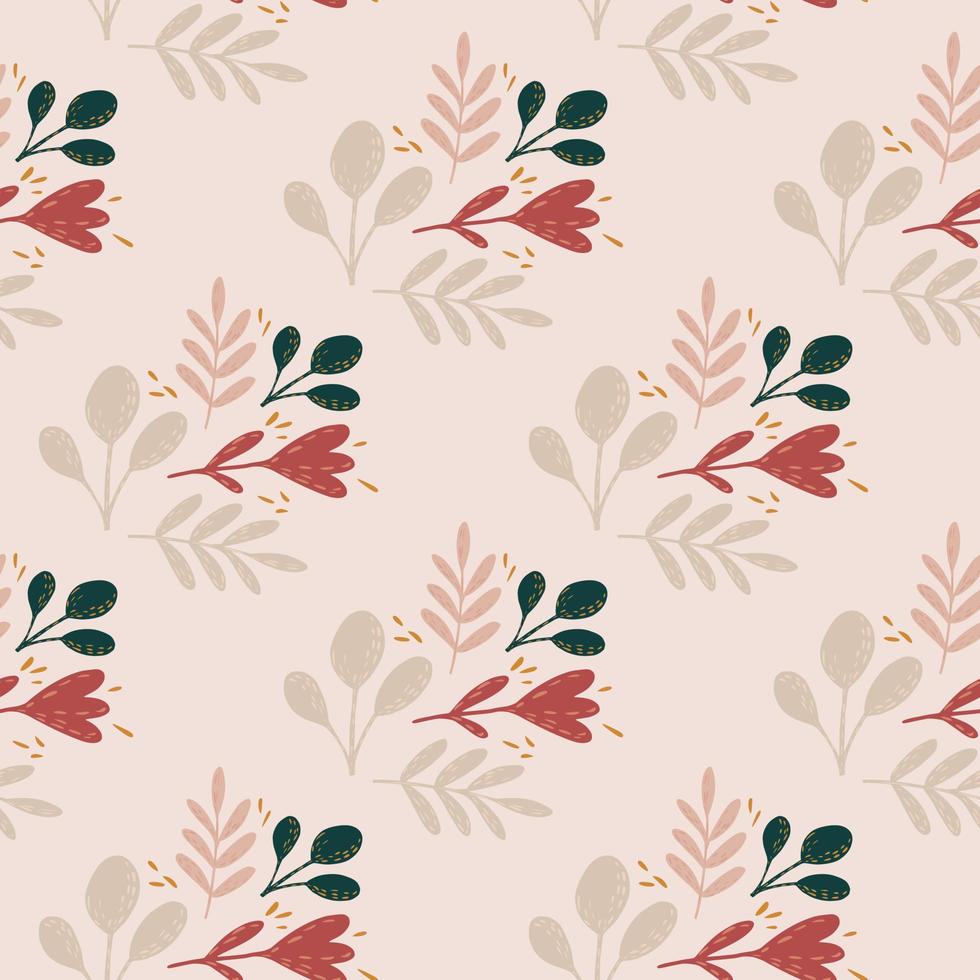 Seamless pattern with pastel tones botanical floral ornament. Light grey and red leaves and flowers shapes. vector