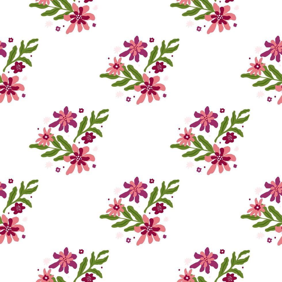 Isolated seamless pattern with pink flowers and green leaves print. White background. Botanic print. vector