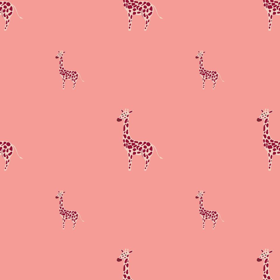 Minimalistic seamless pattern with purple hand drawn giraffe shapes. Pink bright background. vector