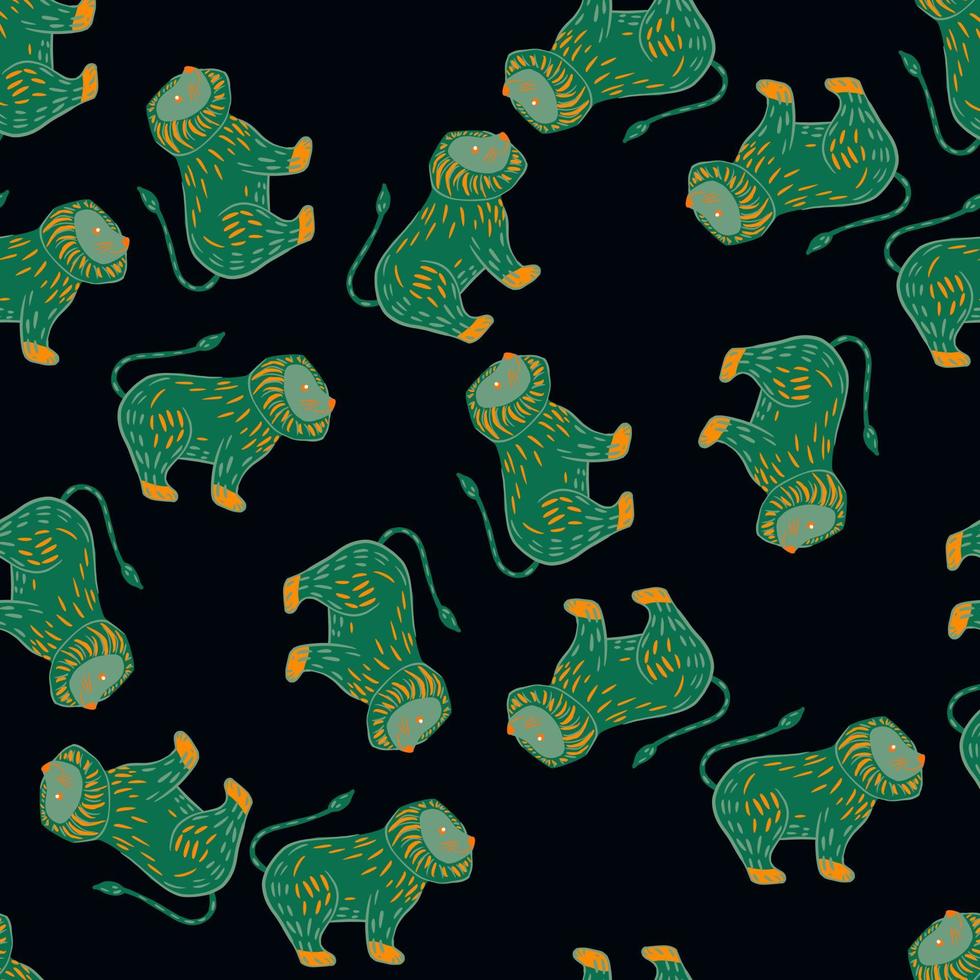 Green random lion print seamless pattern in childish style. Black background. Animal doodle backdrop. vector