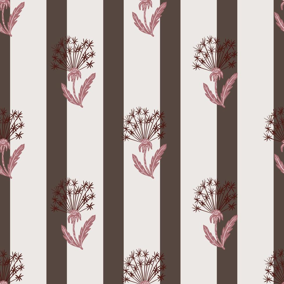 Decorative seamless nature pattern with hand drawn dandelion ornament. Grey and brown striped background. vector