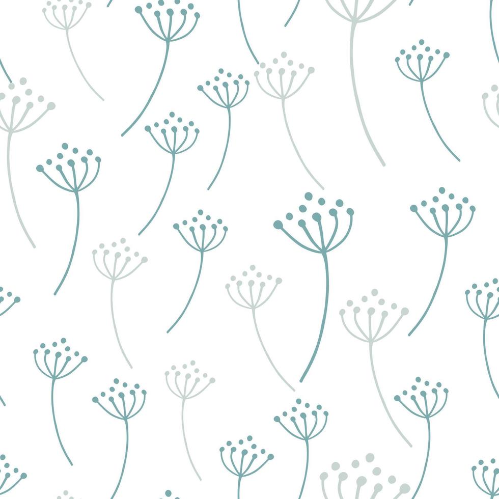 Isolated botanic seamless pattern with blue contoured dandelion flowers shapes. White background. vector