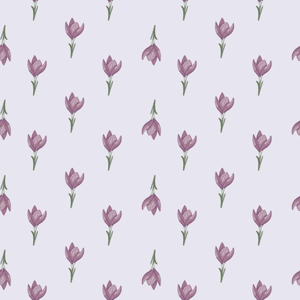 Abstract floral seamless pattern with little purple doodle crocus flower elements. Blue light background. vector