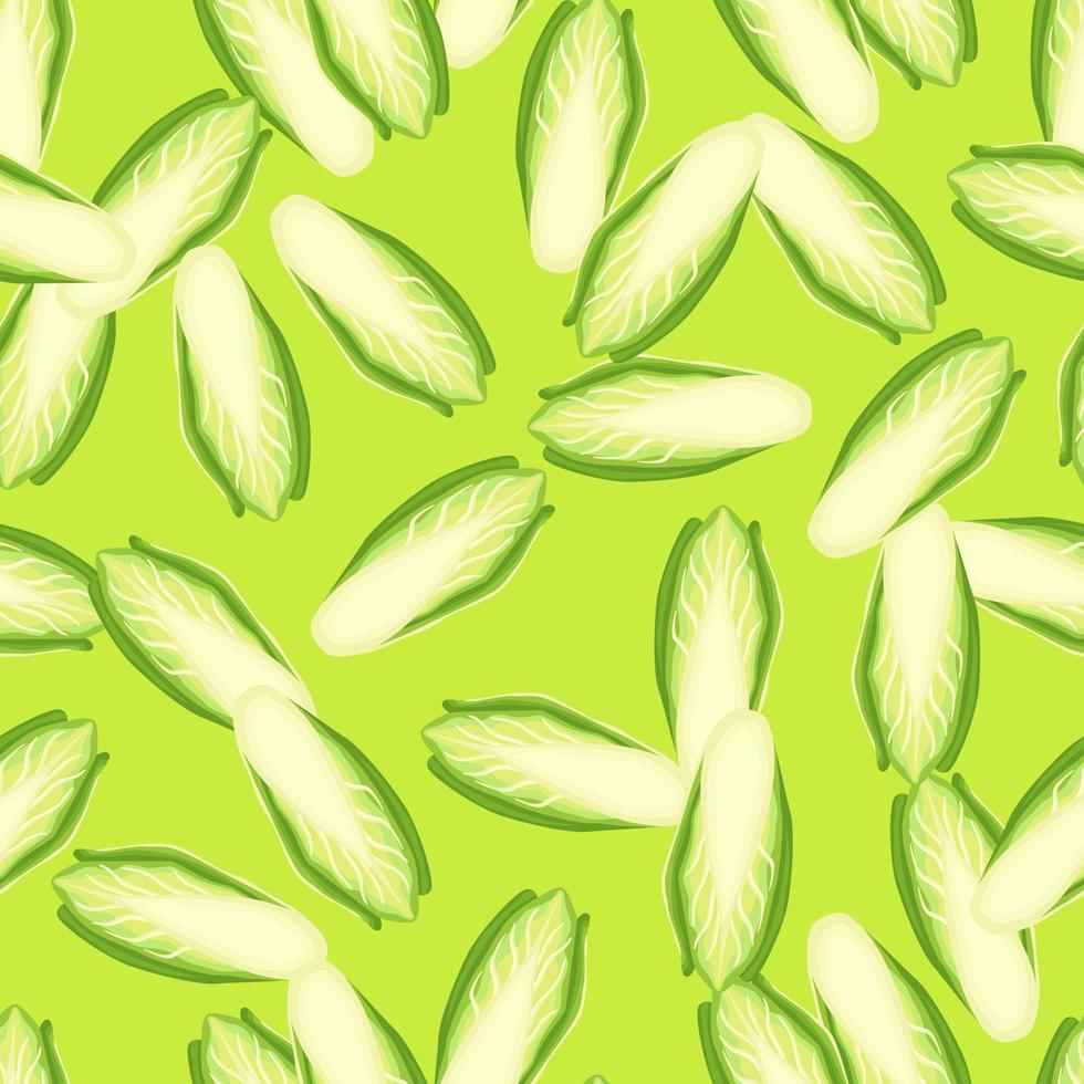 Seamless pattern Chicory cabbage on bright green background. Modern ornament with lettuce. vector