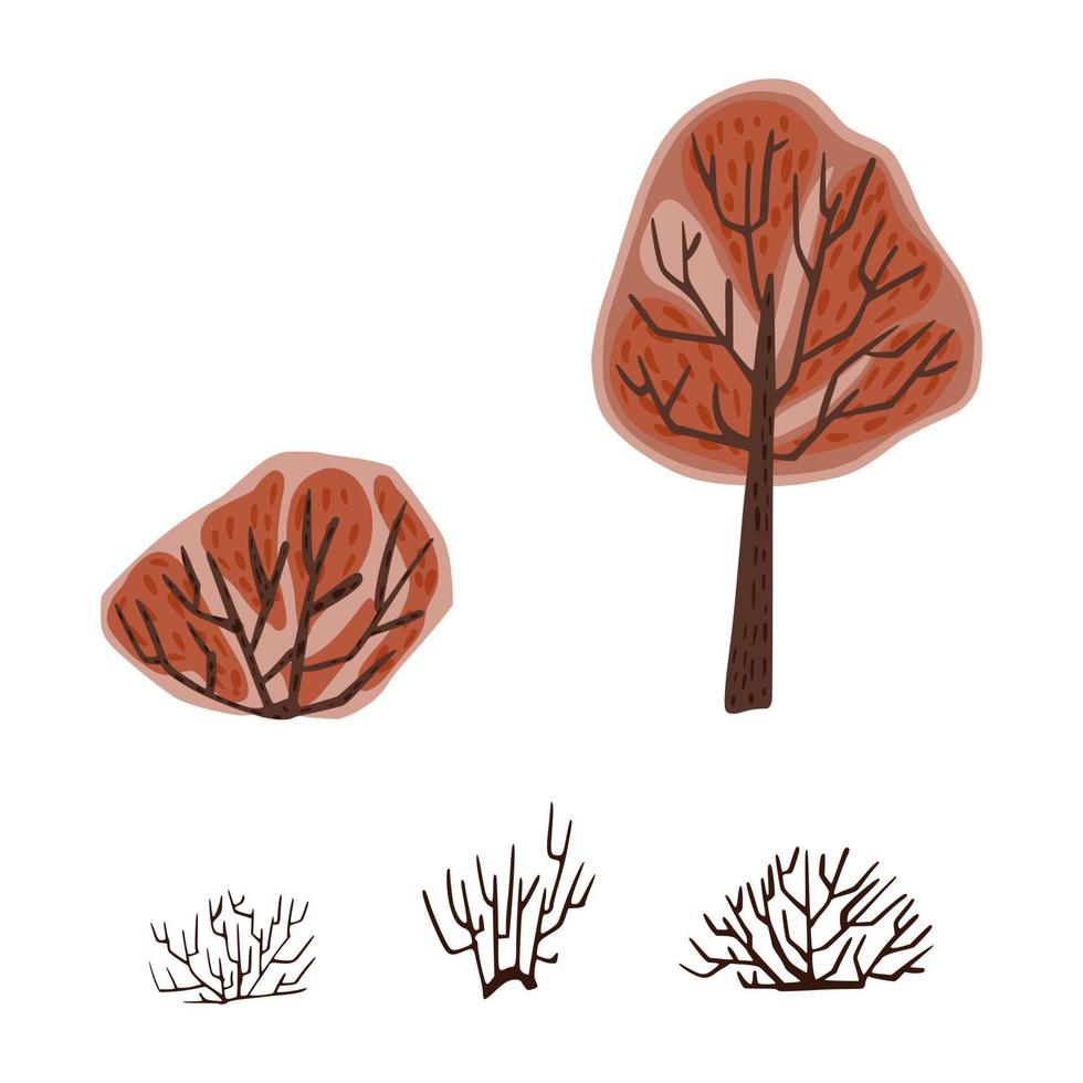 Set tree and bush on white background. Autumn wood with foliage and dry in doodle. vector