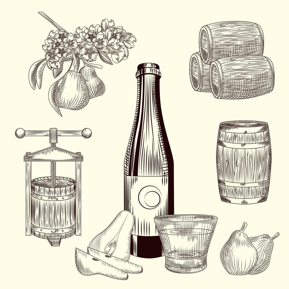 Set of pear cider. Harvest pear, press, barrel, glass and cider bottle. Craft fruit beer collection. vector