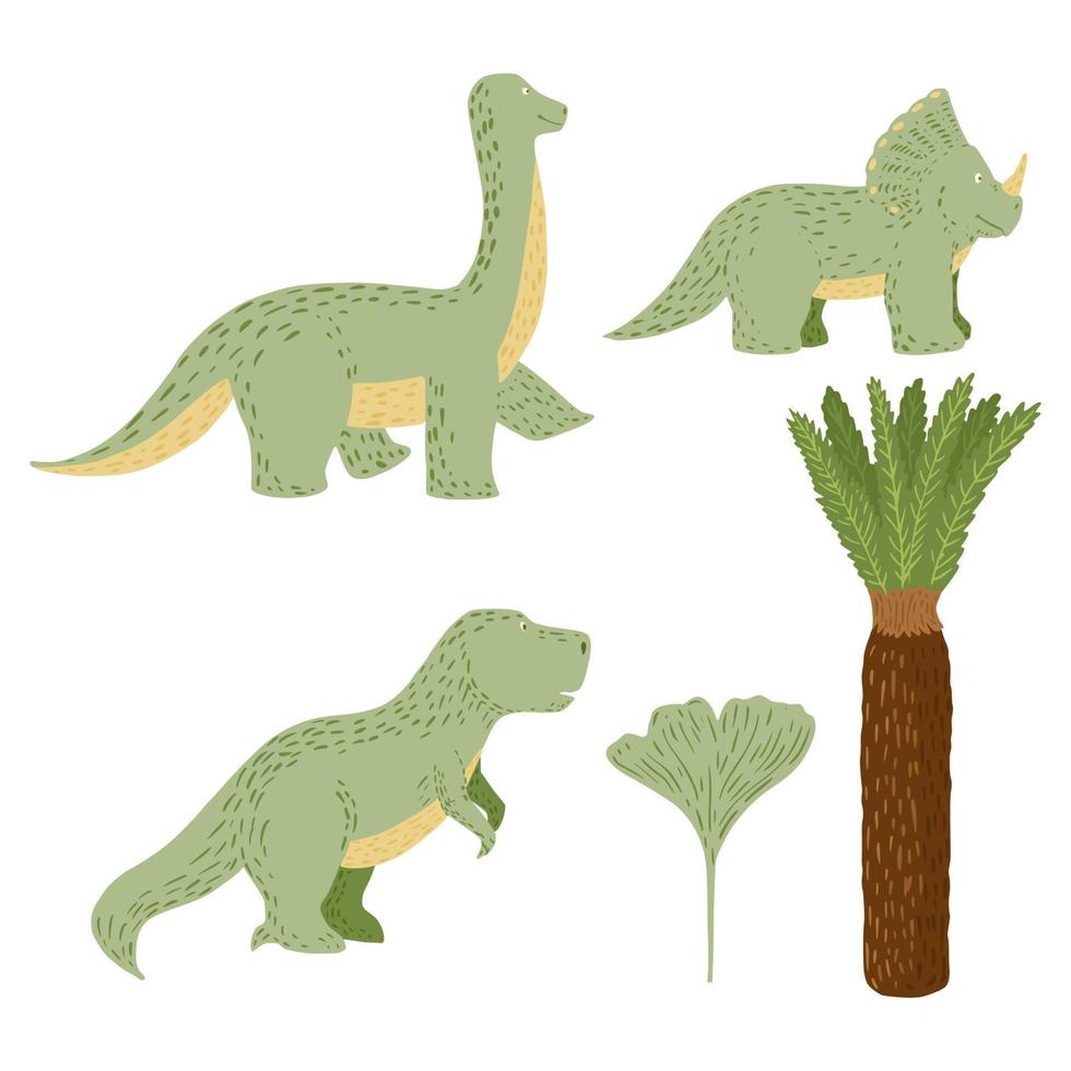 establecer lindos dinosaurios sobre fondo blanco. animales de fantasía tiranosaurio jurásico, triceratops, braquiosaurio, palma y ginkgo en garabatos. vector