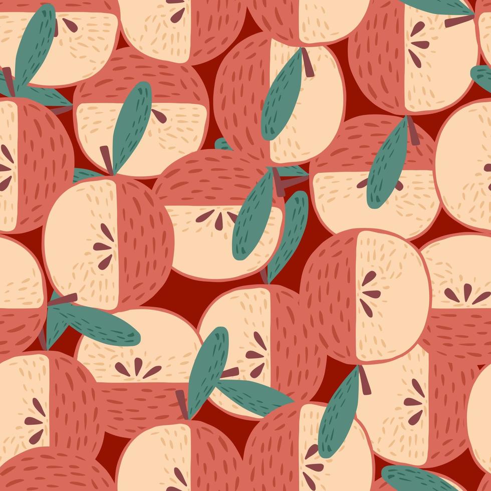 Random abstract seamless fruit pattern with apples. Red and pink colored cartoon print. vector