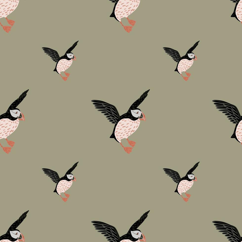 Minimalistic seamless pattern with black doodle puffin bird shapes. Beige background. Pastel palette artwork. vector