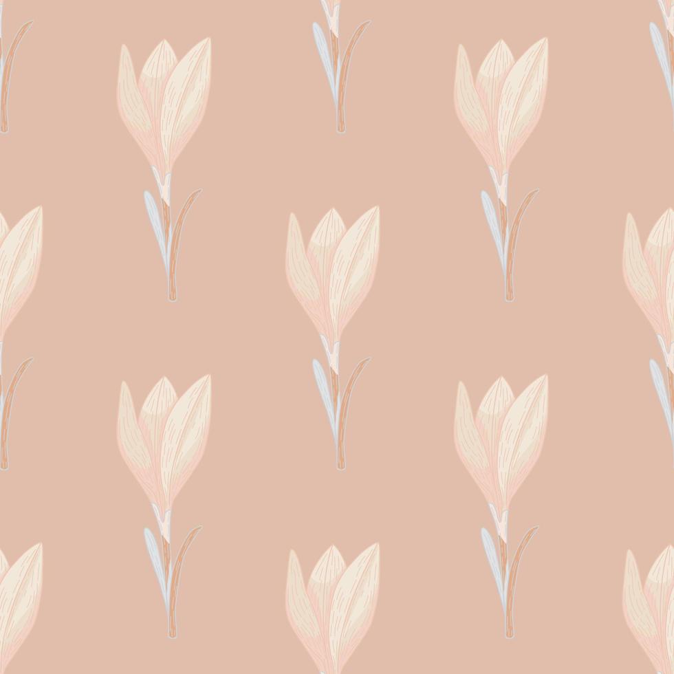 Pale pastel tones nature seamless pattern with outline crocus elements. Beige palette artwork. vector