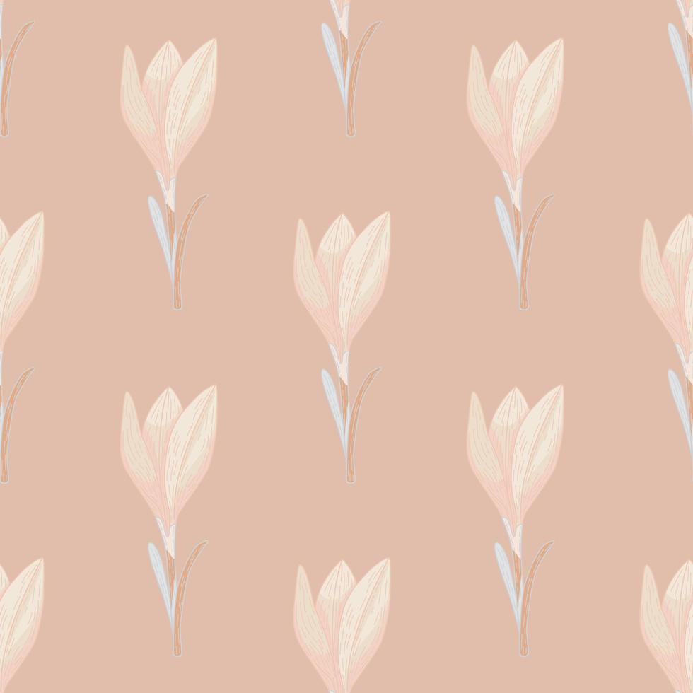 Pale pastel tones nature seamless pattern with outline crocus elements. Beige palette artwork. vector