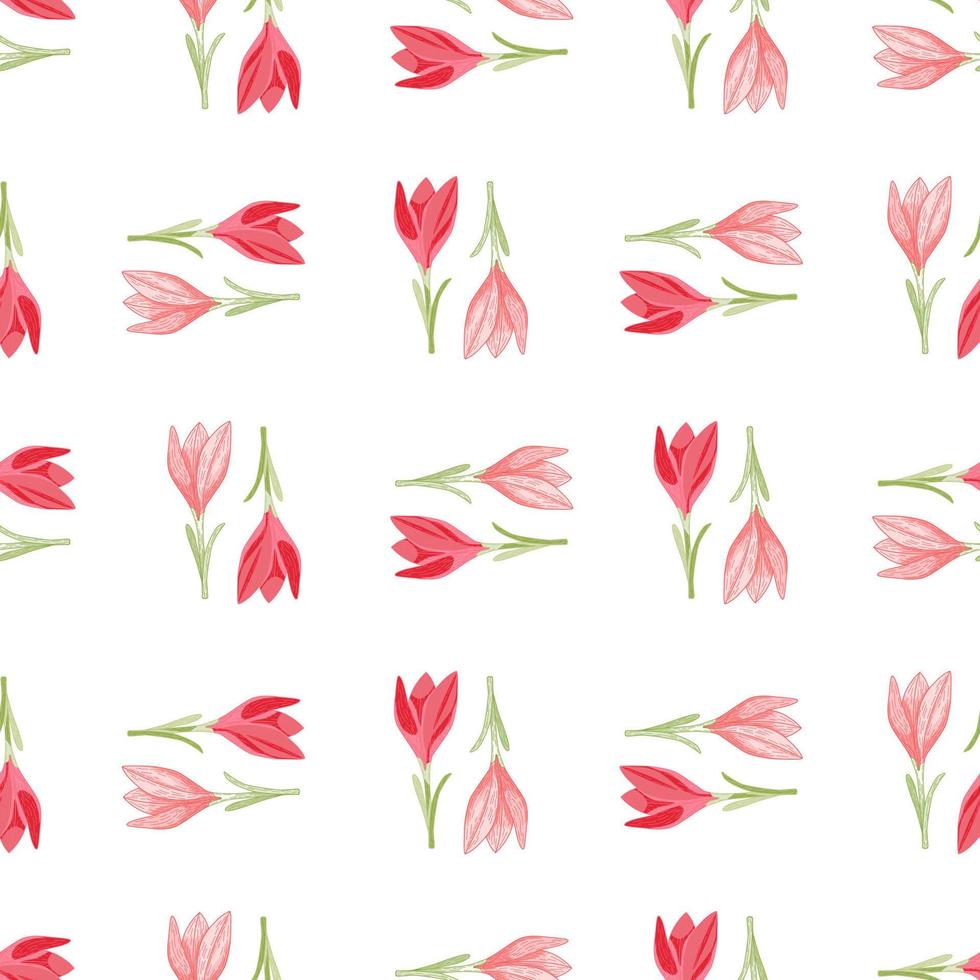 Isolated pink flowers crocus ornament seamless pattern in hand drawn style. White background. vector