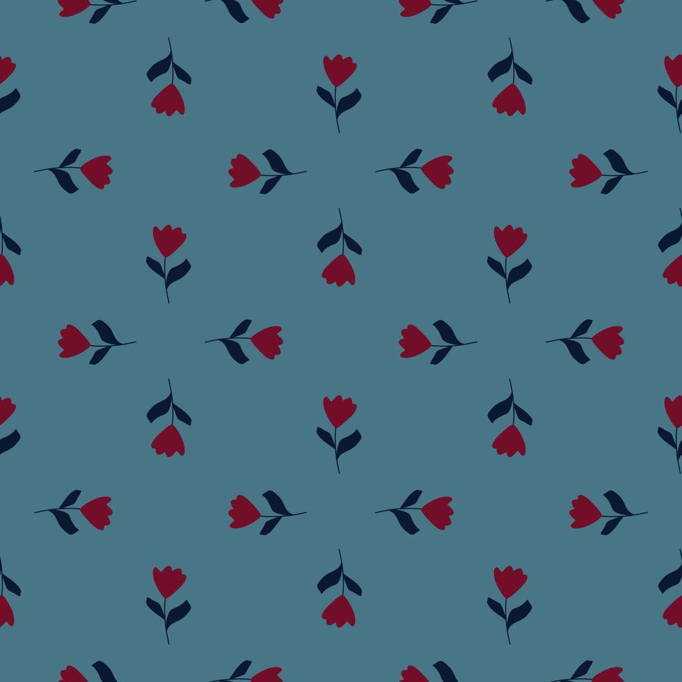 Geometric style red tulip flowers seamless doodle pattern. Pale blue background. Bloom backdrop. vector