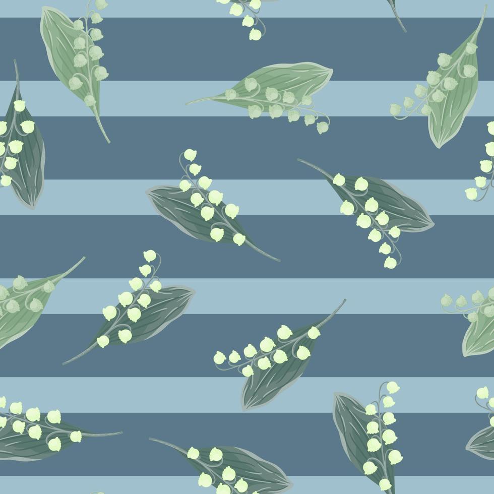 Decorative nature seamless pattern with spring lily of the valley flowers shapes. Blue striped background. vector