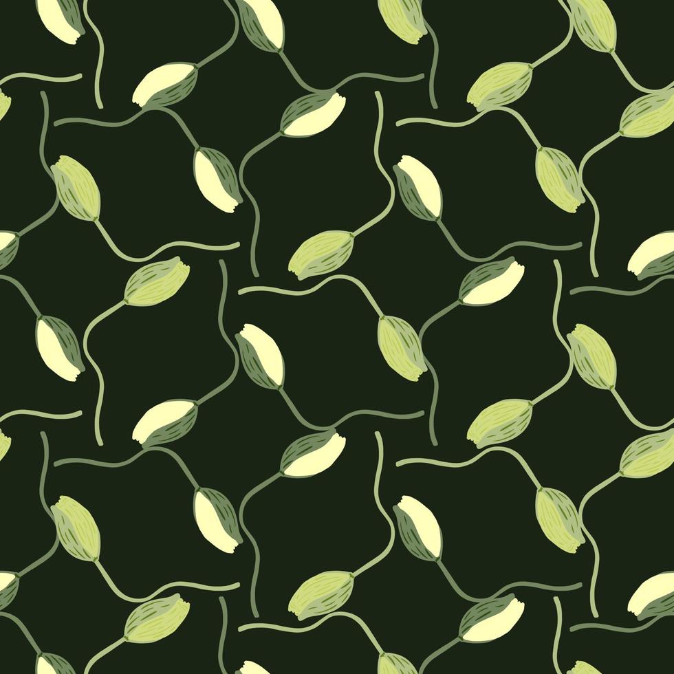 Geometric style nature seamless pattern with floral poppy bud shapes. Dark green background. Blossom print. vector