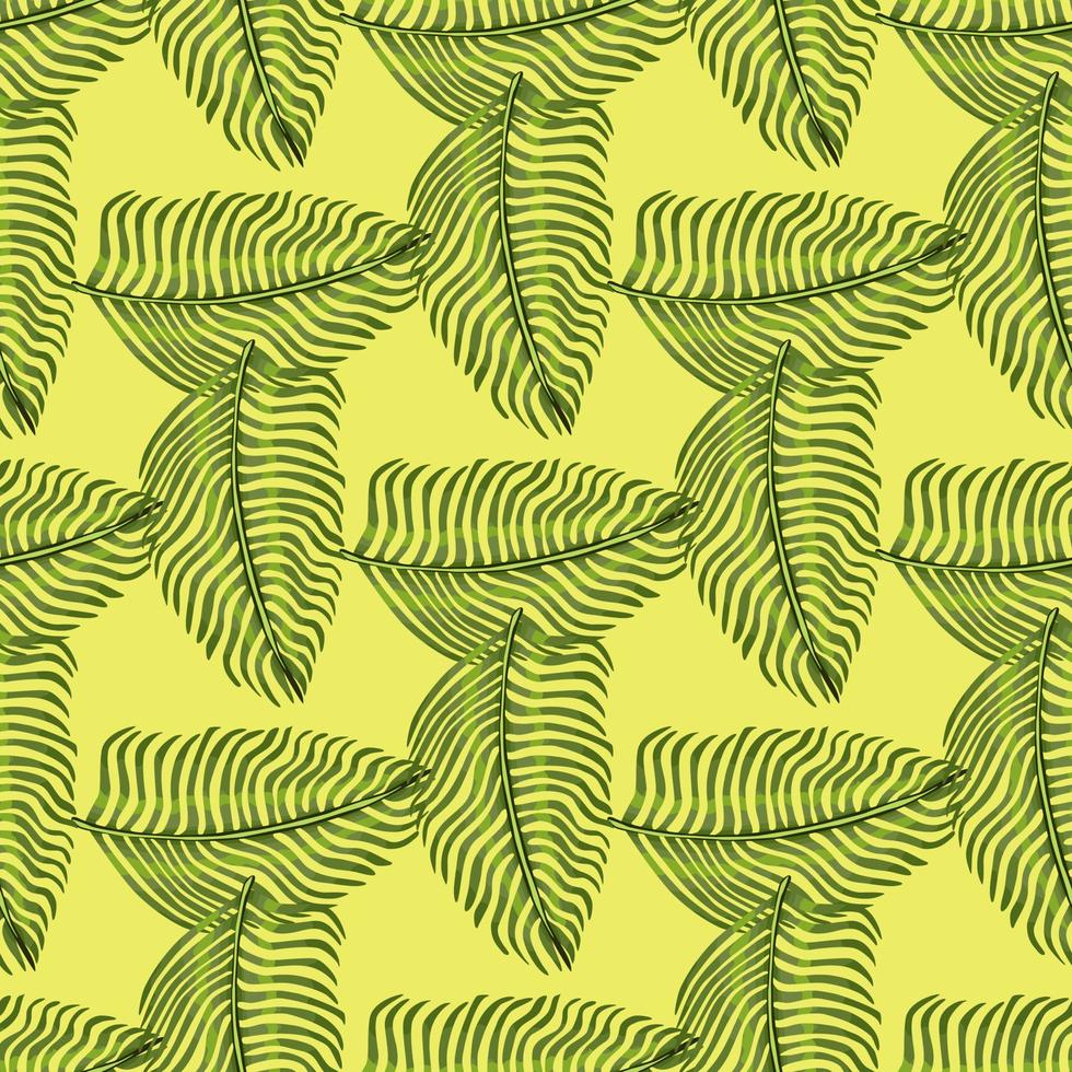 Green fern geometric style botany seamless pattern. Yellow pastel background. Hawaii natural ornament. vector