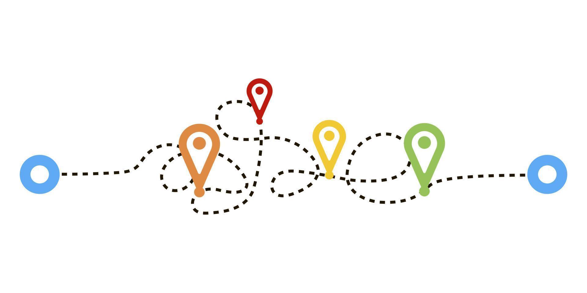 Confusas rutas discontinuas rutas aisladas sobre fondo blanco. seguimiento de transporte, viajes, pines de mapa, pines de ubicación. vector