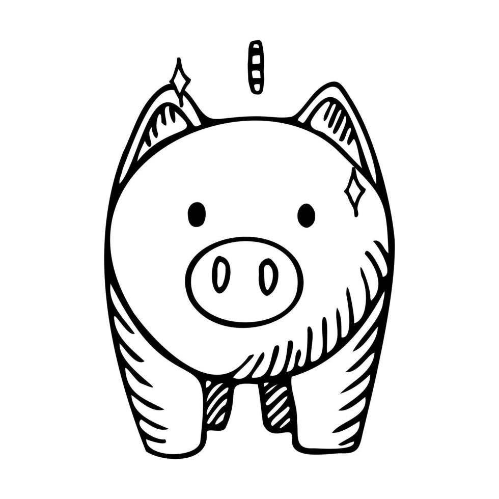 Piggy bank isolated on white background. Box for safe savings, coins, cash, gold. Money pig in doodle style. vector