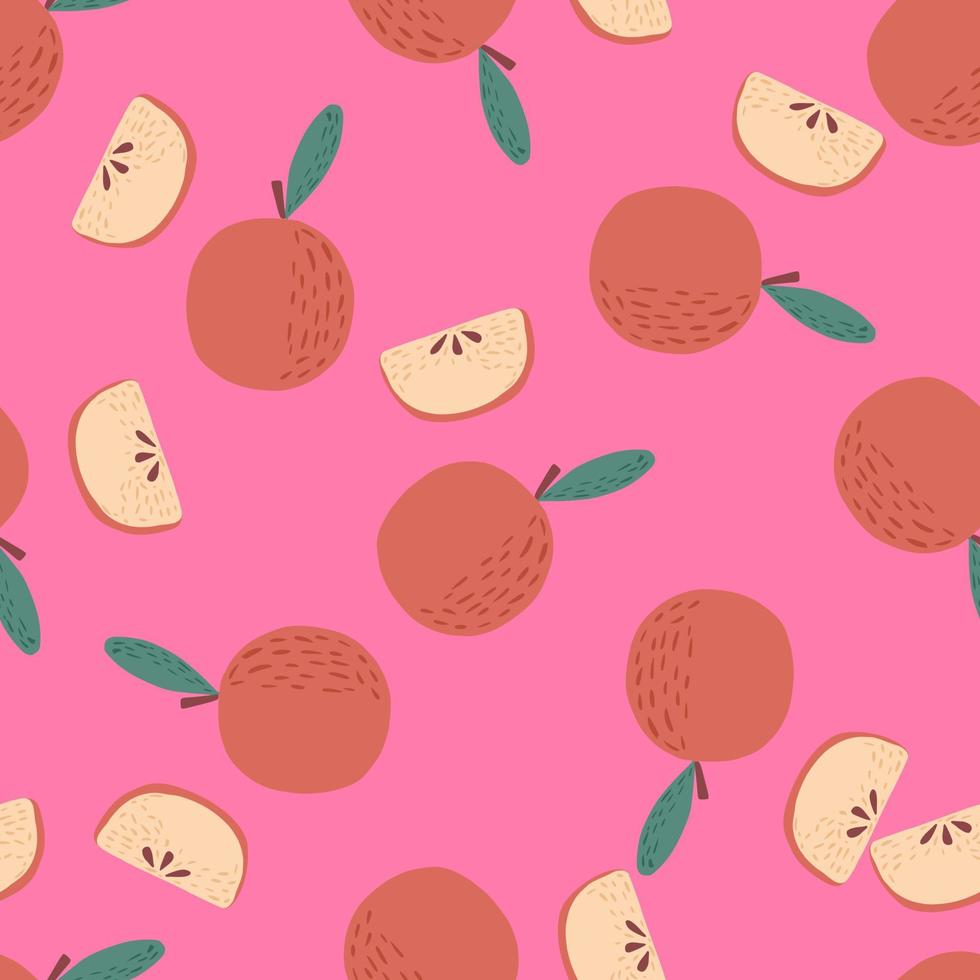 Bright seamless pattern with food red apple and slices print. Pink background. Contrast design. vector