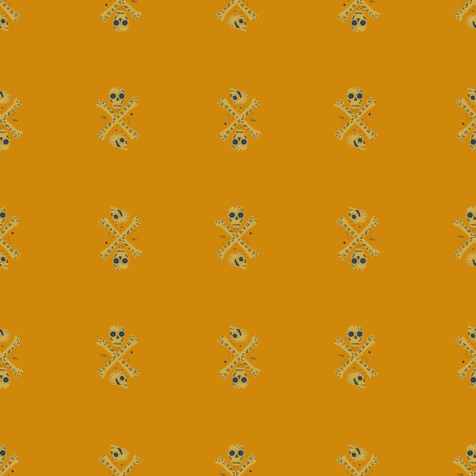 Abstract seamless pattern with gothic skulls and bones ornament. Scary print on orange background. vector