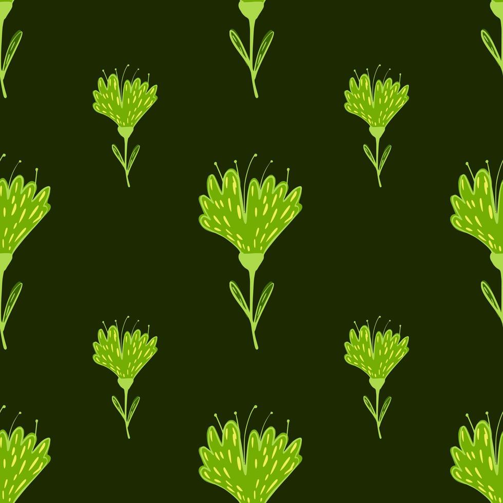 Doodle seamless pattern with green bright flower abstract print. Olive dark background. vector