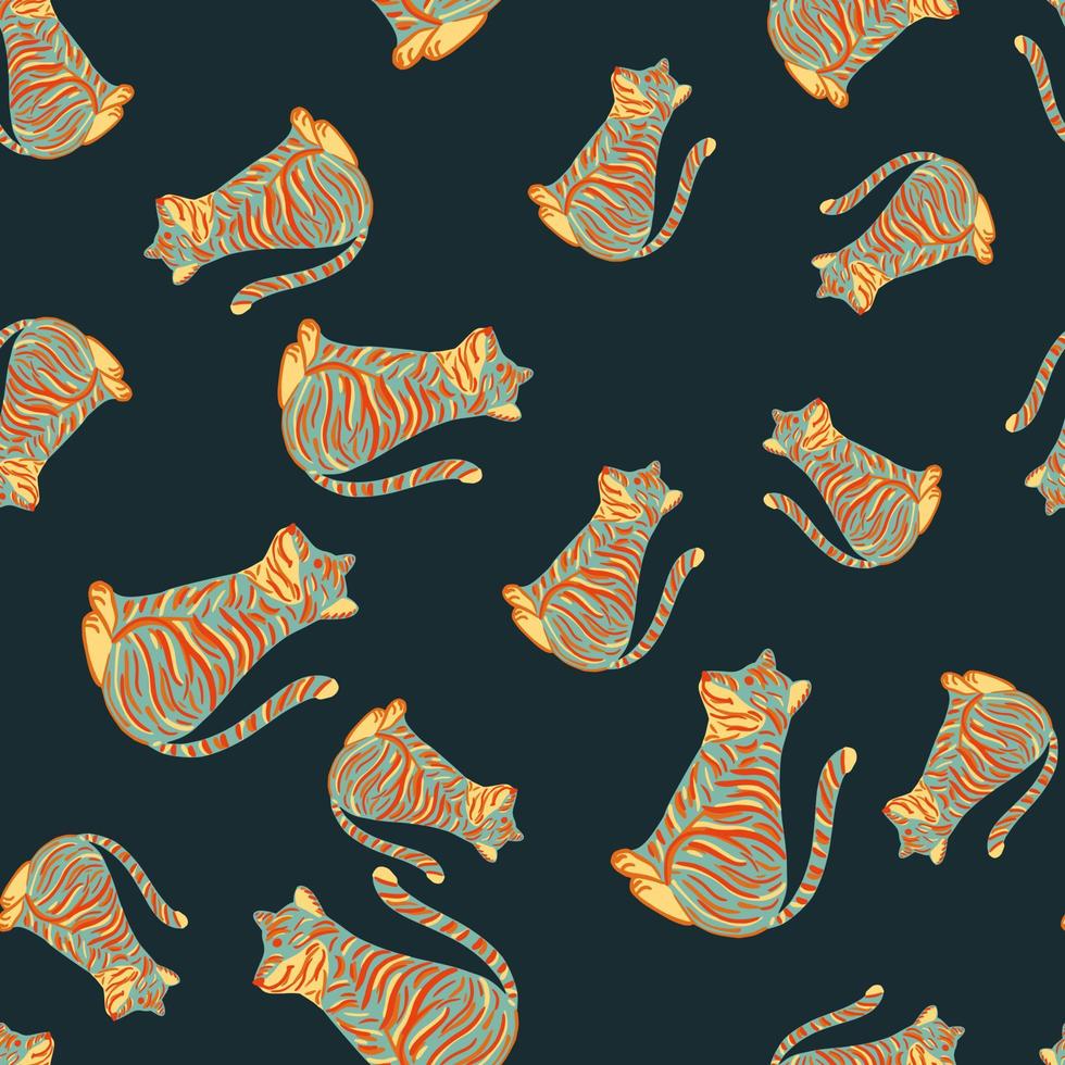 patrón sin costuras de animales safari con estampado de tigre aleatorio de color azul y naranja. fondo turquesa oscuro. vector