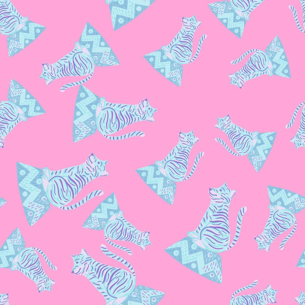 Random seamless pattern with blue hand drawn circus tiger ornament. Pink background. Zoo training print. vector